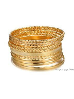 14k Gold Plated Stackable Bangle Bracelet Set Boho Chunky Jewelry